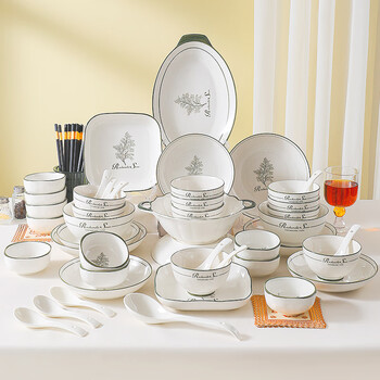 Jie yajie tableware set household ceramic plate simple modern underglaze color housewarming gift bowl plate french style 65 pieces