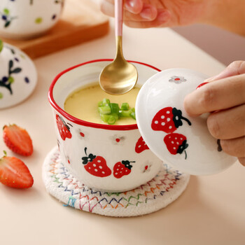 Domeiran ceramic steamed egg bowl baby baby food complementary small steamed egg cup mini steamed egg custard bowl bird’s nest stew cup soup cup red strawberry steamed egg bowl (with small spoon)