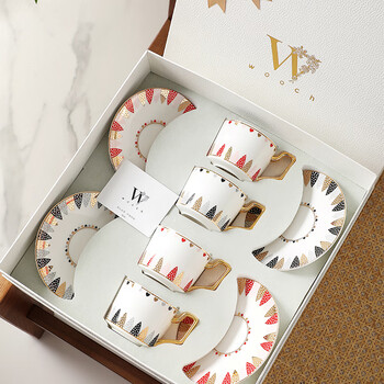 Wooch love at first sight coffee cup with four saucers gift box for couples moving to a high-end new home, business, birthday, wedding souvenir love at first sight 4 cups and saucers - red gold + gray gold + white gift box