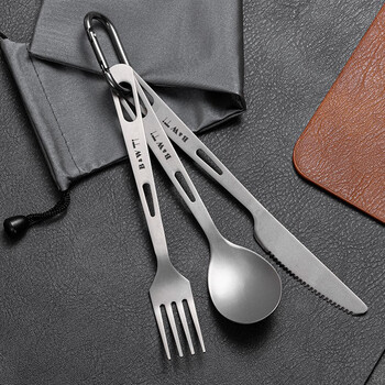 Half things life high-end pure titanium knife, fork and spoon tableware for outdoor picnics and camping portable tableware and fork set, light luxury for students and office workers, pure titanium outdoor tableware, knife, fork and spoon three-piece set storage bag