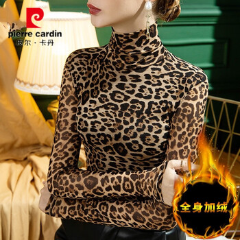 Pierre cardin sexy turtleneck leopard print bottoming shirt for women spring, autumn and winter with velvet mesh top tight elastic large size fat mm plus velvet leopard print style m