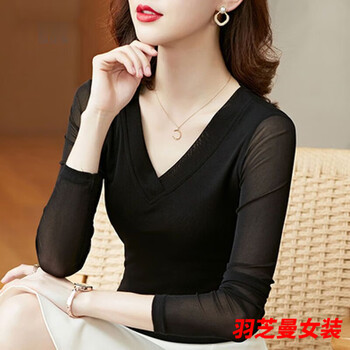 Gu xicen mesh bottoming shirt with spring and autumn v-neck western style slim top for women new fashion long-sleeved t-shirt black v/neck m recommended within 100 pounds