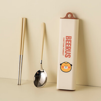 Onlycook food grade 316 stainless steel chopsticks, spoons and forks set portable cutlery box for primary school students milk white bear chopsticks and spoons 2-piece set 316 steel