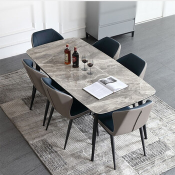 Halodn slate dining table, home dining table and chair combination, modern and simple dining table, small apartment dining table, oval dining long table, italian gray single table + 4 blue gray chairs 140cm *80cm*75cm, thickened with bottom plate