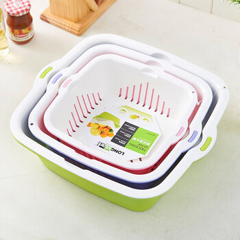 Longshida multi-functional double-layer drain basket vegetable basket plastic basin living room kitchen artifact fruit plate large basket household mixed color large + medium + small