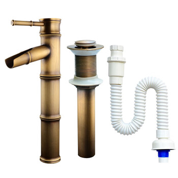 Neolithic stone age p2 all-copper antique hot and cold dual-use faucet bathroom washbasin faucet art retro bamboo faucet all-copper open-mouth faucet + drain p26 drain pipe