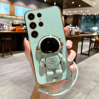 Suitable for samsung s24ultra mobile phone case new samsungs24u all-inclusive anti-fall galaxys with stand uitra soft silicon mint green with astronaut stand + silicone hand strap samsung galaxy s24 ultra