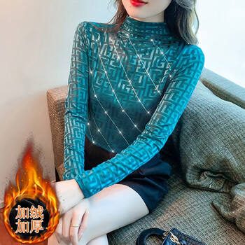 Ye zifeng's bottoming shirt for women 2025 spring new style half turtleneck versatile women's hot diamond lace plus velvet thickening inner shirt peacock blue (plus velvet and thickening) xl