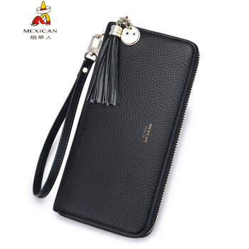 Scarecrow wallet women's long leather zipper 8 card slots large capacity multi-function clutch first layer cowhide handbag mobile phone bag black 19.5*2.5*9.5cm