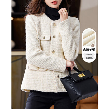 Demana french winter elegant round neck sheep wool straight small fragrance style tweed coat women's short beige l