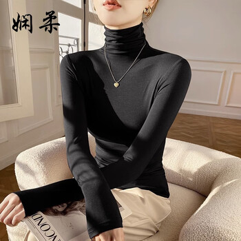 Gentle modal black turtleneck bottoming shirt for women in spring, autumn and winter, thin long-sleeved t-shirt, slim and warm top, black turtleneck, modal l
