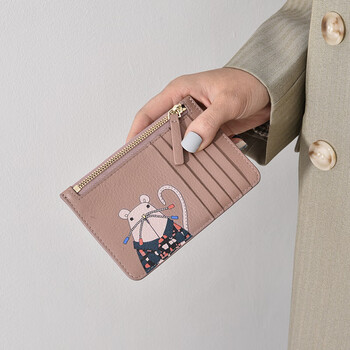 Mu xiaobai genuine leather compact card holder genuine leather women's mini multi-card slot bank card holder printed driver's license holder zipper coin purse pink