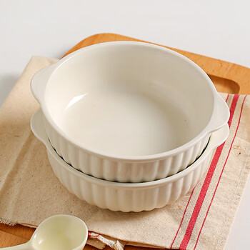 Kawashimaya double-ear air fryer baking bowl microwave oven special bowl ceramic salad bowl baking pan steamed custard bowl 6.5-inch double-ear baking bowl (white)