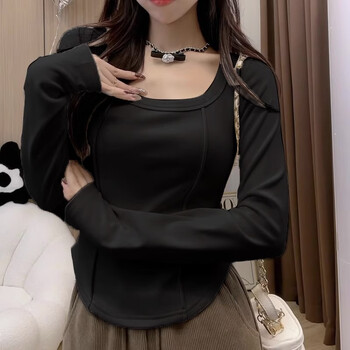 Dauphinisend velvet bottoming shirt for women, autumn and winter square collar fishbone basic bottoming shirt for women with long sleeves, slim fit, soft and close-fitting, black l (90-130 pounds)