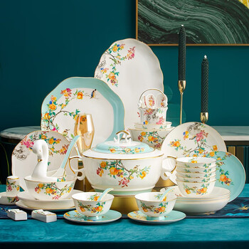 Hanming jingdezhen chinese style bowls, plates and tableware set bone china household high-end bowls, chopsticks and dishes set housewarming gift high temperature bone china | leather suitcase | 70-piece set