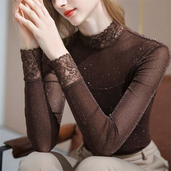 Gauze western style bottoming shirt half turtle collar mesh bottoming shirt women 2022 autumn long sleeve t-shirt spliced lace feminine top brown m