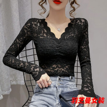 Gu xicen v-neck lace bottoming shirt for women's spring new style sexy mesh dress with long-sleeved top inside black l 100-120 catties