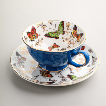 Guotao butterfly bone china coffee cup and saucer european light luxury coffee cup british afternoon tea cup gold-painted tea tea set ceramic butterfly coffee cup sky blue 1 piece 201ml