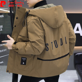 Pierre cardin autumn and winter men's jackets 2025 new hooded assault jacket men's work clothes thickened tops coffee color 2xl 140-160 catties