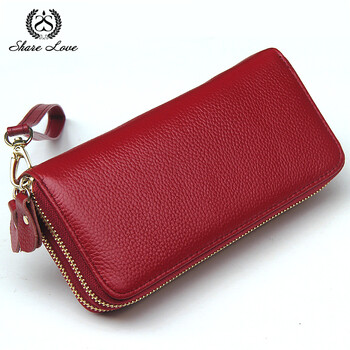 Sharelove genuine leather wallet long large capacity double zipper clutch new versatile mobile phone bag lucky yellow wallet for men and women maroon, double puller first layer clean surface