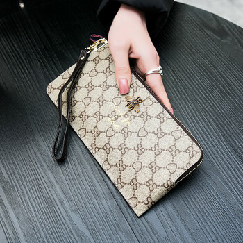 Calculat&keenck wallet women's long 2024 new printed wallet women's multi-functional zipper large capacity card bag hand mobile phone bag brown