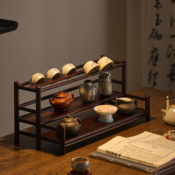 Qicaoyuan tea cup rack desktop storage rack tea table small bogu rack tea set ornaments tea can chinese display storage rack 50 long three-layer self-draining cup holder