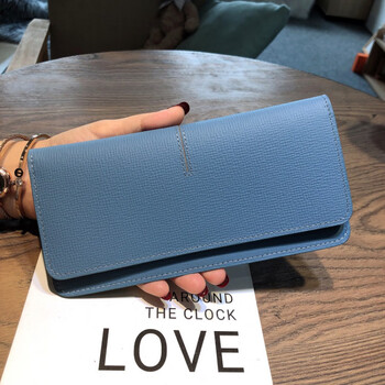 Calculat&keenck wallet women's long genuine leather wallet thin soft large capacity women's multi-card slot card bag first layer cowhide clip blue