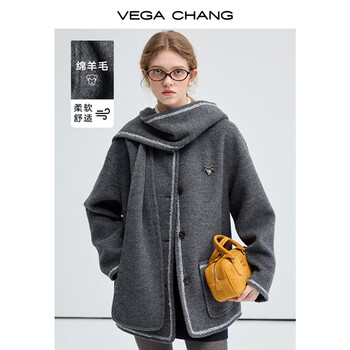 Vega chang woolen coat for women 2025 new autumn and winter containing wool high-end temperament fashion + hooded scarf gray gray s