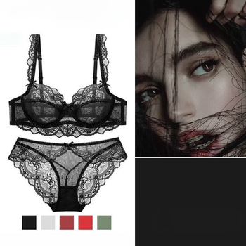 Xmxt new valentine's day ultra-thin lace sexy beautiful back push-up large size women's bra set underwear lace bra black 34/75b