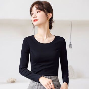 Modal long-sleeved t-shirt for women, round neck bottoming shirt for women, slim fit, low collar, versatile black top for outer wear, black (cotton) m 90-102 catties