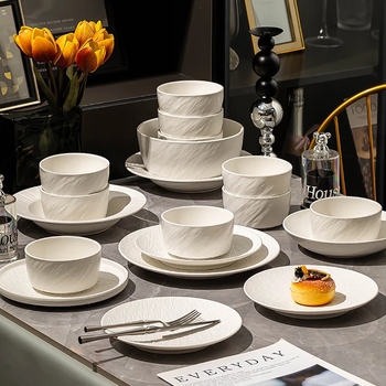 Shumang tableware complete set of household rock pattern bowls and plates, wedding gift, high-end pure white bowl set, 18-piece meal for 4 people with soup bowl, gift box, 18-piece set