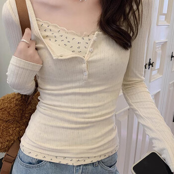 Miao yijia fake two-piece floral lace winter bottoming shirt for women, can be worn outside, pure and slim-fitting long-sleeved top, fashionable and stylish for spring, floral fake two-piece bottoming shirt s recommended 80-95 pounds