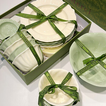 Qianzao tableware complete set, light luxury and high-end, cream style housewarming gift, household underglaze color bowls, dishes, chopsticks set, 10 people, 42 pieces, with casserole, gift box, 42 pieces