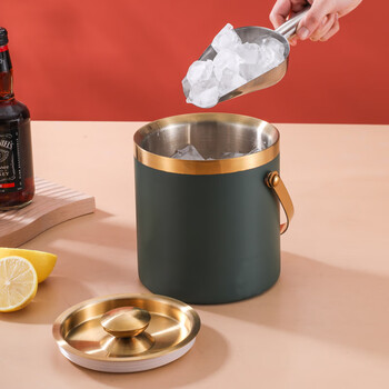 He jiagong internet celebrity 304 stainless steel ice bucket ice bucket bar ktv commercial household small ice grain beer bucket storage stylish double-layer sealed ice bucket (green gold 1.4l)