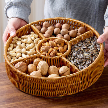 Hunting xuan dried fruit plate divided household snack nuts four-square grid dried fruit box living room imitation rattan woven engagement fruit plate storage basket five grid basket 30cm brown