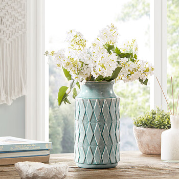 Harbor house american home retro blue diamond pattern ceramic vase living room bedroom flower arrangement flower pot saphire small - height 21cm