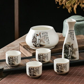 Creative retro wine warmer household hot wine pot ceramic old-fashioned warm wine set white wine yellow wine wine warmer set triangular bottle li bai doujiu 6-piece set one pot four cups one wine warmer