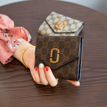 Calculat&keenck women's bag small wallet women's short genuine leather mini 2024 new versatile printed folding cowhide wallet card bag brown