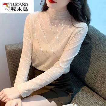 Woodpecker (tucano) velvet lace bottoming shirt women's long sleeve 2025 autumn and winter new slim fit top fashionable hollow western style shirt apricot l 105-115 jin