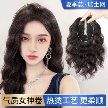 Sky tree swiss net wig piece for women with full real hair on the top of the head to cover white hair, fluffy and traceless hair volume, wool curly wig, temperament curly hair, fully hand-woven, 9*14 natural color 30cm