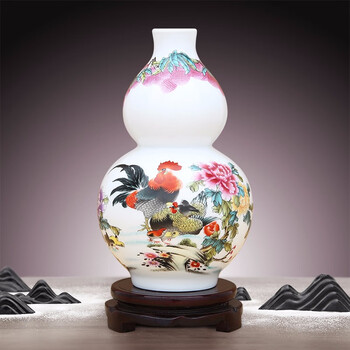 Jingdezhen ceramics small new chinese style pastel porcelain gourd bottle handicrafts living room decoration home wine cabinet porch study room tv cabinet office archaeological rack tea room decoration porcelain bottle decoration good luck and profit gourd bottle (with wooden rotating base)