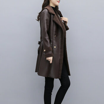 Pierre cardin 2025 winter new lamb velvet leather jacket women's mid-length plus size fur one-piece windbreaker women's jacket brown fashionable 2xl recommended 135-150 catties