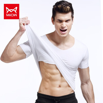 Miiow spring and summer modal tight half-sleeved t-shirt thin men's seamless short-sleeved t-shirt large v-neck bottoming shirt white xl (175) recommended 120-150 pounds