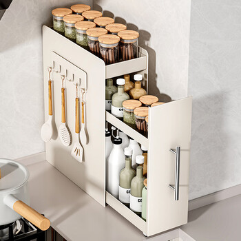 Luck cream style corner kitchen condiment storage rack pull-out countertop dustproof condiment multi-function storage rack cream color three-layer large hook + chopping board rack