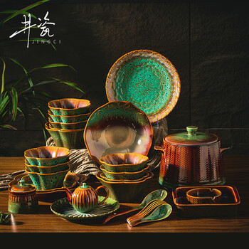 Jingdezhen high-end underglaze chinese-style retro chopsticks, dishes, bowls, and tableware set for housewarming and moving gifts only green | 2 people | 10 pieces 10 heads