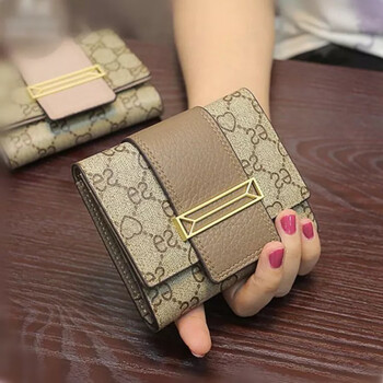 Calculat&keen women's bag light luxury european and american small wallet women's short genuine leather mini 2024 new korean version printed wallet khaki