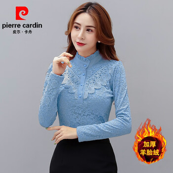 Pierre cardin (pierre cardin) stand collar lace shirt women's velvet thickened top 2025 spring and autumn new large size women's warm inner layering shirt blue velvet warm 4xl suitable for 145-159 pounds