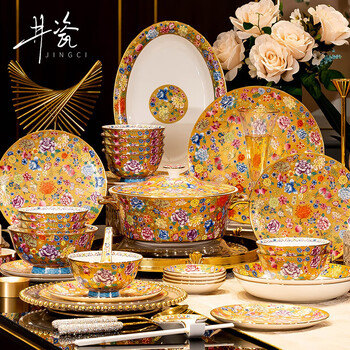 Jingci jingdezhen enamel bone china tableware set, chopsticks, plates and bowls, high-end hotel move-in, new home, wedding gift, enamel color-large soup bowl丨for 6 people丨28 heads