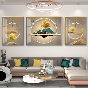 Facuixuan living room decorative painting, high-end sofa background wall hanging painting, light luxury, modern and simple triptych, fulu mural wall painting, fulu shuanglin a type, middle 100*70+left and right 50*70 crystal diamond, default gold frame, black frame, please note