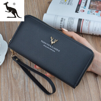 Kuqi kangaroo women's wallet women's long clutch 2025 new zipper multifunctional long large capacity wallet mobile phone bag black